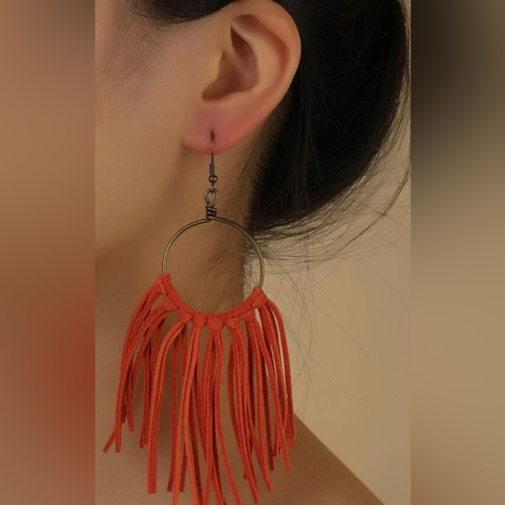 Orange Vegan Suede Tassel Fringe Drop Hoop Earrings
